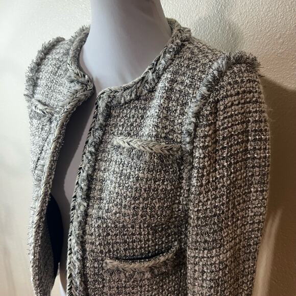 J. Crew Black White Silver Tweed Jacket Fringed Trim Four Pockets Classic 4 - Picture 3 of 10